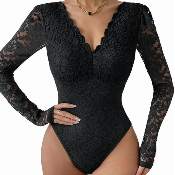 Womens Lace Long Sleeve Bodysuit Round Neck Leotards Jacquard Bodysuit Top with Snap Crotch Black XS