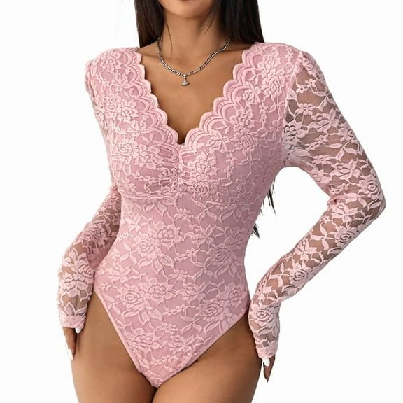 Womens Lace Long Sleeve Bodysuit Round Neck Leotards Jacquard Bodysuit Top with Snap Crotch Pink S
