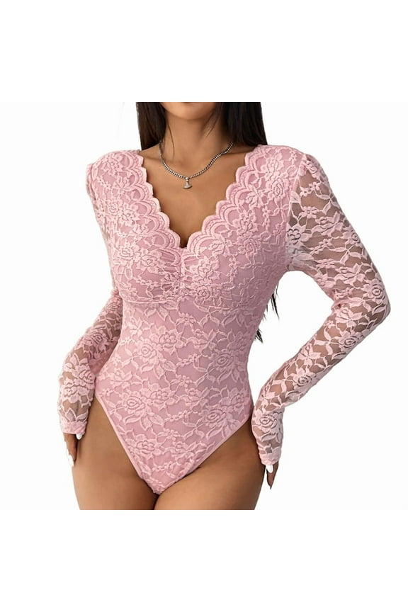 Womens Lace Long Sleeve Bodysuit Round Neck Leotards Jacquard Bodysuit Top with Snap Crotch Pink S