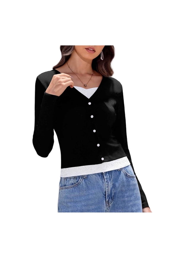 Womens Lace Long Sleeve Top Paneled Henley Shirts Casual Slim V Neck Pullover Top Y2k 2000s Fitted Going Out Tops Blouse