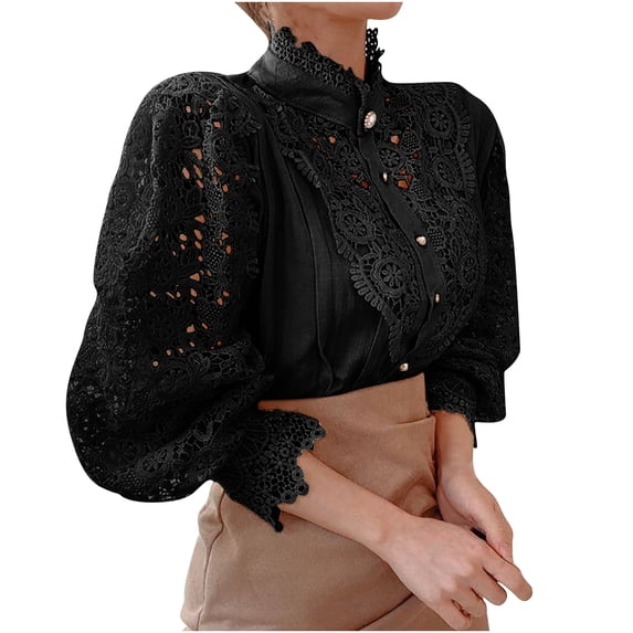 Womens Lace Long Sleeve Tops Casual Victorian Button Down Shirts Fall Fashion Elegant Dressy Work Solid Color Shirt
