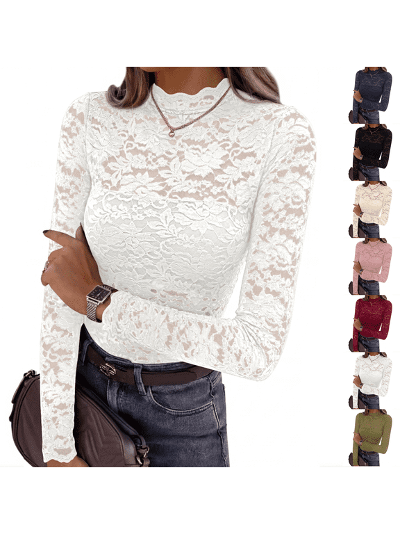 Womens Lace Long Sleeve Tops Sheer Mesh Blouse Mock Neck Floral See Through Slim Fitted Soft Stretchy Elegant Going Out Concert Club Party Fall Fashion Clothes
