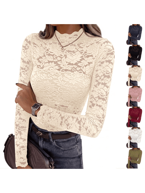 Womens Lace Long Sleeve Tops Sheer Mesh Blouse Mock Neck Floral See Through Slim Fitted Soft Stretchy Elegant Going Out Concert Club Party Fall Fashion Clothes