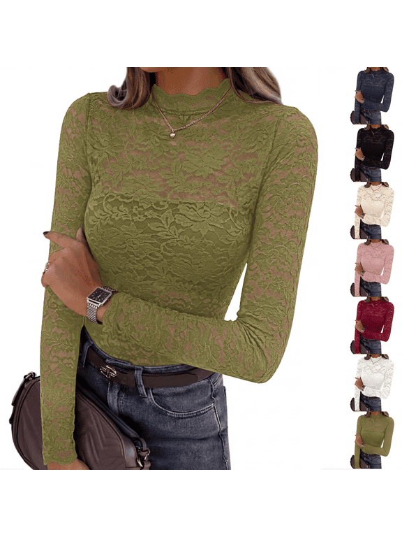 Womens Lace Long Sleeve Tops Sheer Mesh Blouse Mock Neck Floral See Through Slim Fitted Soft Stretchy Elegant Going Out Concert Club Party Fall Fashion Clothes