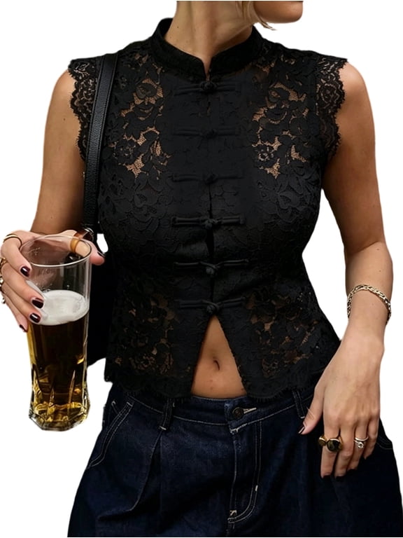 Womens Lace Mandarin Collar Guipure Split Tank Top Sleeveless Shirt Blouses Black XL