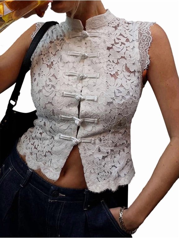 Womens Lace Mandarin Collar Guipure Split Tank Top Sleeveless Shirt Blouses White M