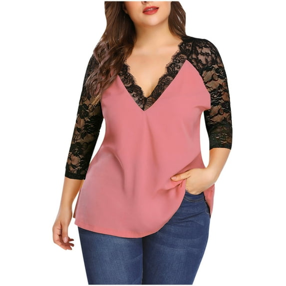 Womens Lace Medium Long Sleeve Chiffon Top V-Neck Plus Loose T-Shirt