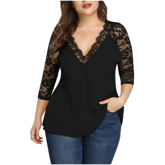 Womens Lace Medium Long Sleeve Chiffon Top V-Neck Plus Loose T-Shirt