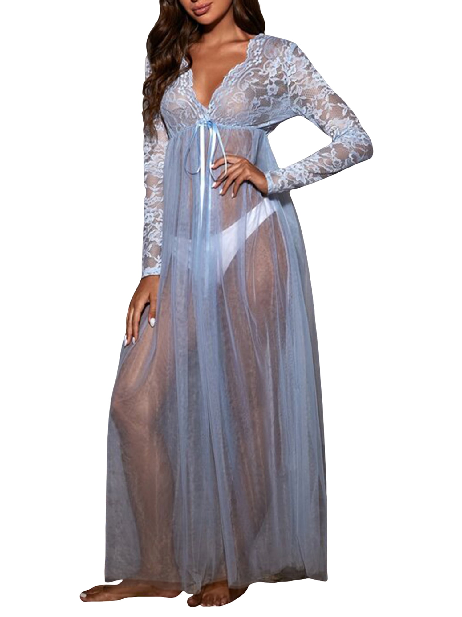 Womens Lace Mesh Hollow Night Dress Robes See Through Long Maxi