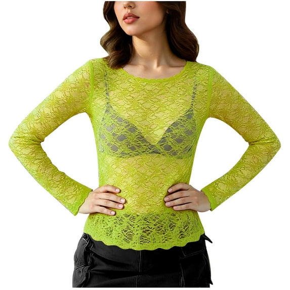 Womens Lace Mesh Long Sleeve Top Floral Sheer See Through Sexy Tops Round Neck Layering Shirts Party Club Night Blouses