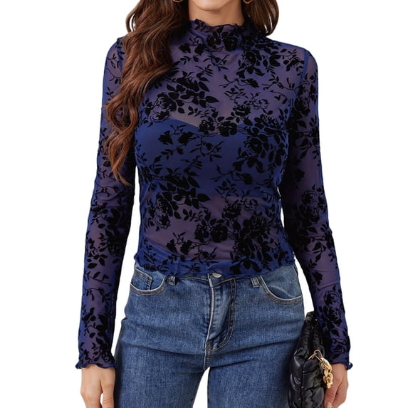 Womens Lace Mesh Long Sleeve Top Floral Sheer See Through Tops Mock Neck Shirts Party Club Night Blouses Navy Blue L