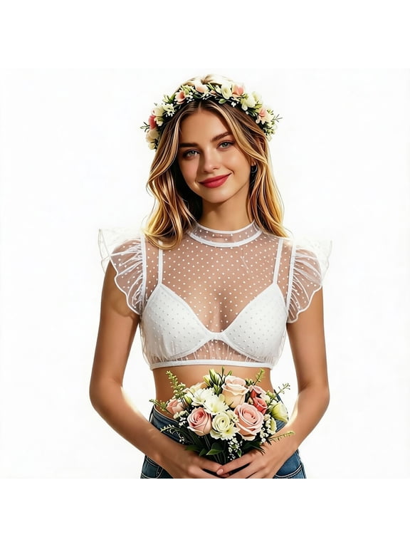 Womens Lace Mesh Top Short Sleeve Sheer Overlay Blouse Romantic Date Night Top for Women, Delicate See Through Shirt, Sizes S-2XL