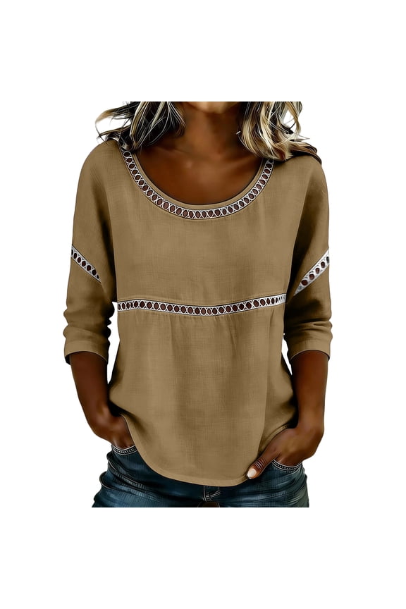 Womens Lace Patch Casual Dressy Blouses 3/4 Sleeve Length Tops Trendy Shirts Round Neck Loose Fit Tunic Top M