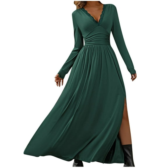 Womens Lace Patchwork Deep V-Neck Long Sleeve Slit Elegant Maxi Dresses Formal Wedding Guest Cocktail Evening Date Prom Long Dress