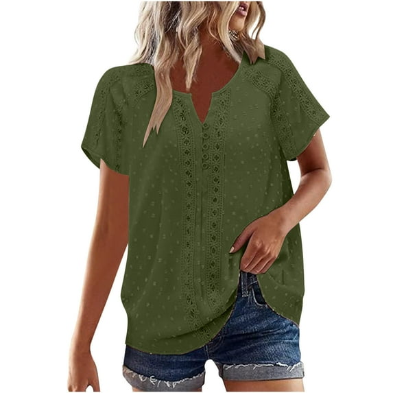 Womens Lace Patchwork Dressy Blouses, Short Sleeve Shirts for Women Lightweight Casual Solid Color Notch V Neck T-Shirts