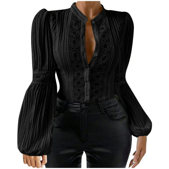 Womens Lace Patchwork Lantern Long Sleeve Collar Shirt