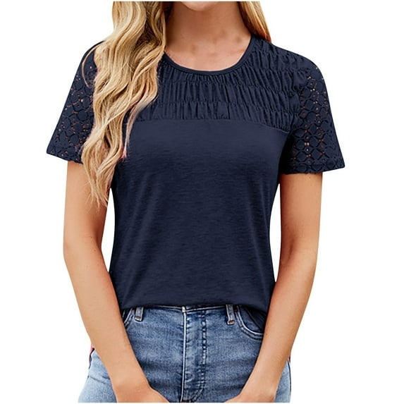 Womens Lace Patchwork T-Shirts, Short Sleeve Shirts for Women Lightweight Casual Solid Color Pleated Crewneck Tees Summer Tops