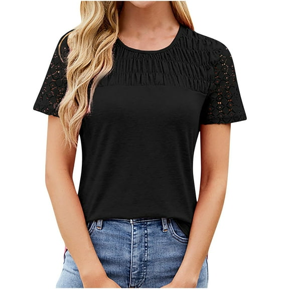 Womens Lace Patchwork T-Shirts, Short Sleeve Shirts for Women Lightweight Casual Solid Color Pleated Crewneck Tees Summer Tops