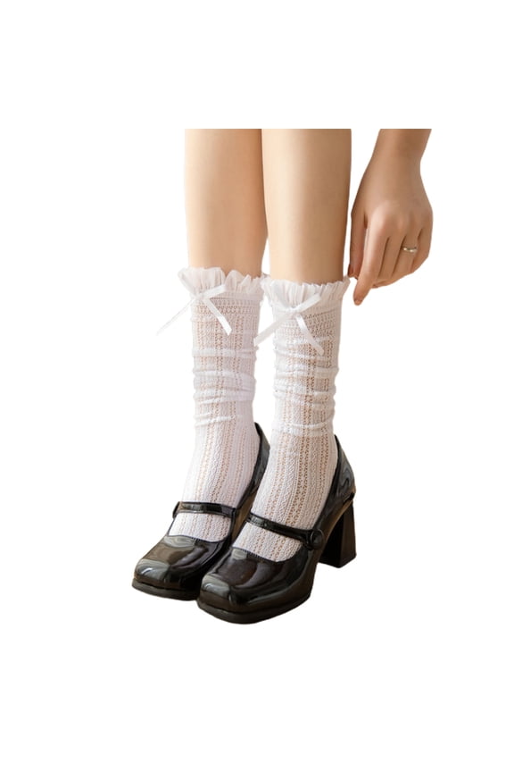 Womens Lace Ruffle Calf Socks Knee High Sock Thigh High Loose Stocking Lace Bowknot Frilly Socks for Lady Girls