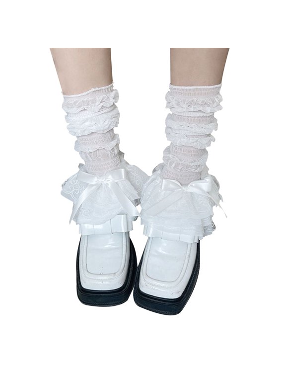 Womens Lace Ruffle Knee Socks Knee High Sock Mesh Long Stocking Lace Trim Socks for Lady Girls