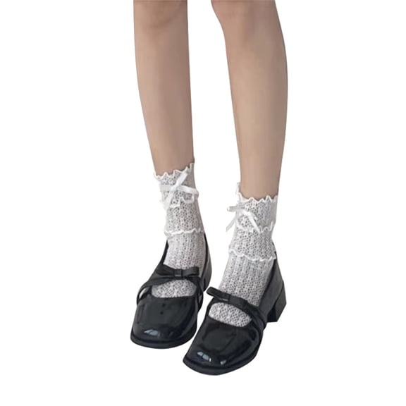 Womens Lace Ruffle Socks Middle Tube Sock Bowknot Hollow Out Stocking Lace Trim Frilly Socks for Lady Girls