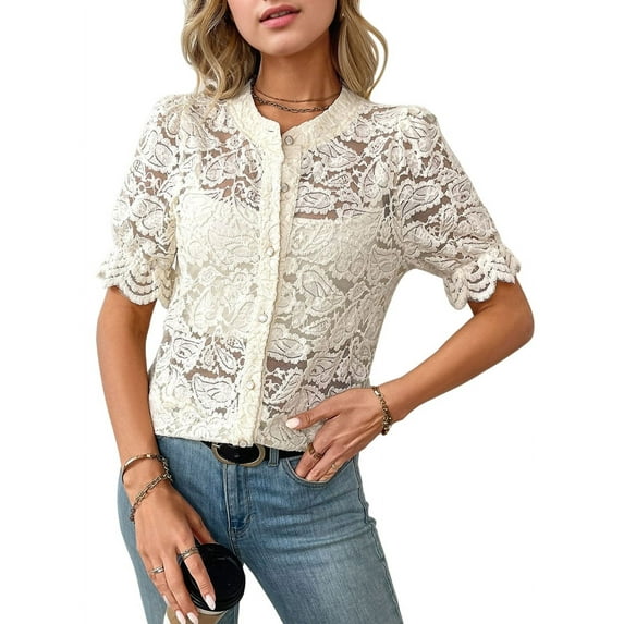 Womens Lace Short Puff Sleeve Casual Eyelet Crew Neck Button Down Shirts S