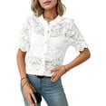 thumbnail image 1 of Womens Lace Short Puff Sleeve Casual Eyelet Crew Neck Button Down Shirts White M, 1 of 7