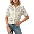 thumbnail image 1 of Womens Lace Short Puff Sleeve Casual Eyelet Crew Neck Button Down Shirts  XL, 1 of 7