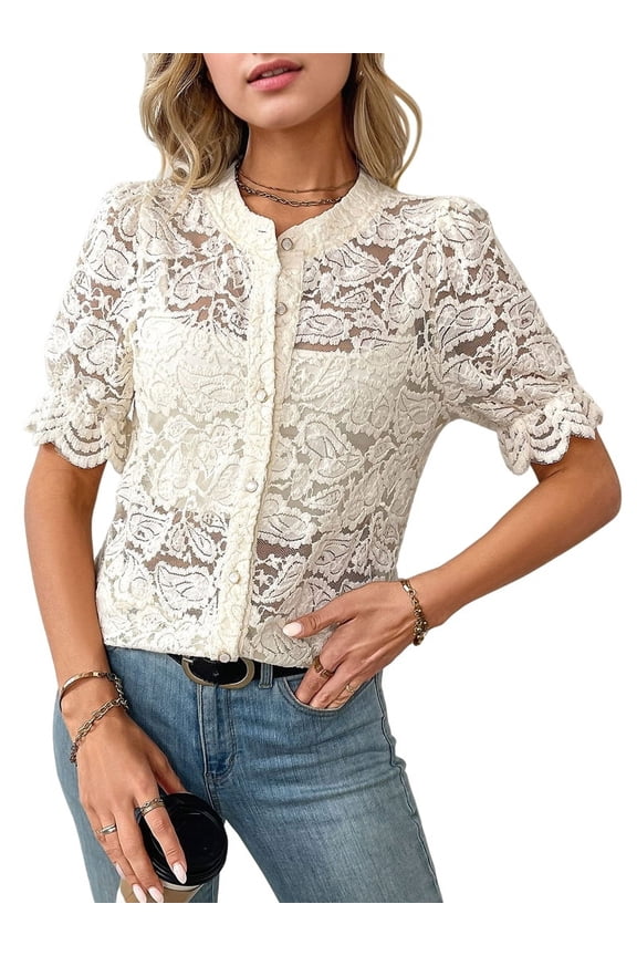 Womens Lace Short Puff Sleeve Casual Eyelet Crew Neck Button Down Shirts XL