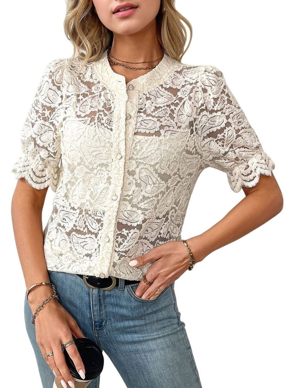 Womens Lace Short Puff Sleeve Casual Eyelet Crew Neck Button Down Shirts XL