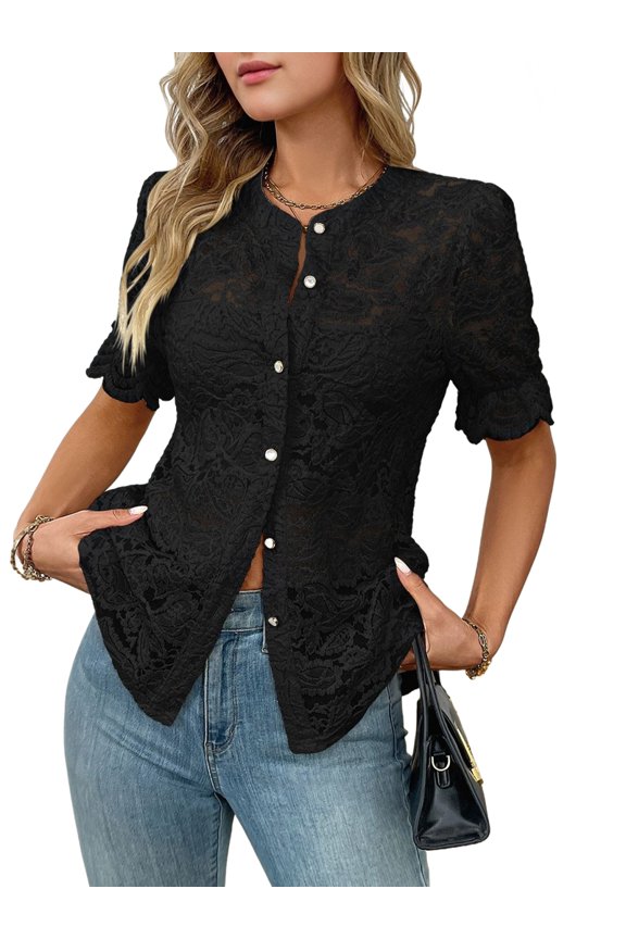 Womens Lace Short Puff Sleeve Casual Eyelet Crew Neck Button Down Shirts