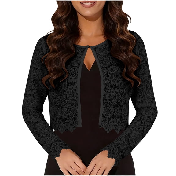 Womens Lace Shrugs Sheer Mesh Bolero Jackets for Evening Dresses Fall Casual Open Front Cropped Cardigan Long Sleeve Eyelet Coverup