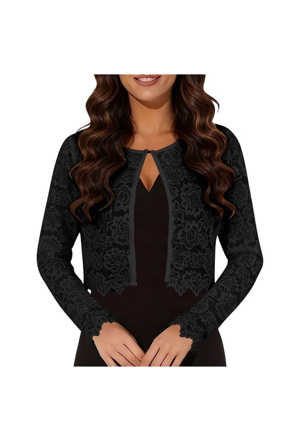 Womens Lace Shrugs Sheer Mesh Bolero Jackets for Evening Dresses Fall Casual Open Front Cropped Cardigan Long Sleeve Eyelet Coverup