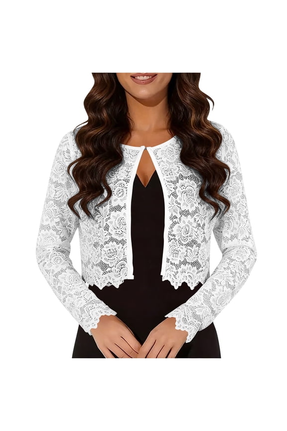 Womens Lace Shrugs Sheer Mesh Bolero Jackets for Evening Dresses Fall Casual Open Front Cropped Cardigan Long Sleeve Eyelet Coverup