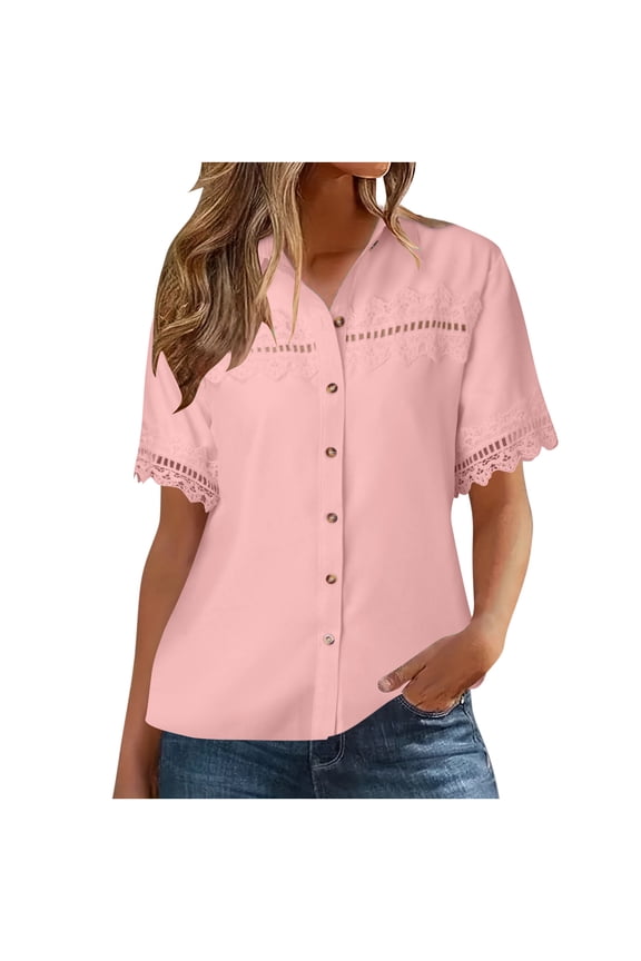 Womens Lace Sleeve Blouse:Lace Crochet Lantern Short Sleeve V Neck Button Down Summer Fashion Shirts