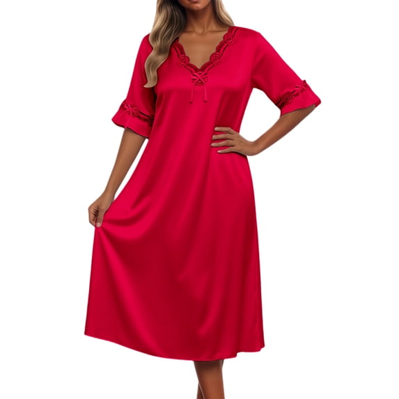 Womens Lace Sleeve Nightgown Solid Color Ice Silk Short Sleeve Midi Loose Red XXXL