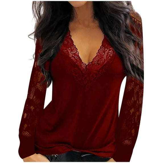 Womens Lace Splcing Tops Deep V Neck Hollow Out Long Sleeve Tunic Shirts Solid Color Casual Loose Plus Size Blouses(4X-Large,Wine)