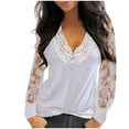 thumbnail image 1 of Womens Lace Splcing Tops Deep V Neck Hollow Out Long Sleeve Tunic Shirts Solid Color Casual Loose Plus Size Blouses(Small,White), 1 of 4