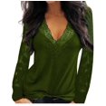 thumbnail image 1 of Womens Lace Splcing Tops Deep V Neck Hollow Out Long Sleeve Tunic Shirts Solid Color Casual Loose Plus Size Blouses(X-Large,Army Green), 1 of 4