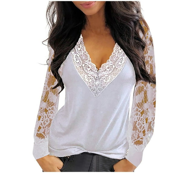 Womens Lace Splcing Tops Deep V Neck Hollow Out Long Sleeve Tunic Shirts Solid Color Casual Loose Plus Size Blouses(X-Large,White)