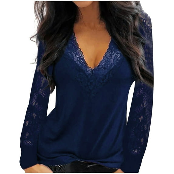 Womens Lace Splcing Tops Deep V Neck Hollow Out Long Sleeve Tunic Shirts Solid Color Casual Loose Plus Size Blouses(XX-Large,Navy)