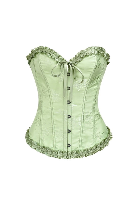 Womens Lace Steel Boned Corset Multicolor Lace Rubber Bone Waist Cinch Corset Top Boned Bustier Shapewear Tummy Control Green 2XL