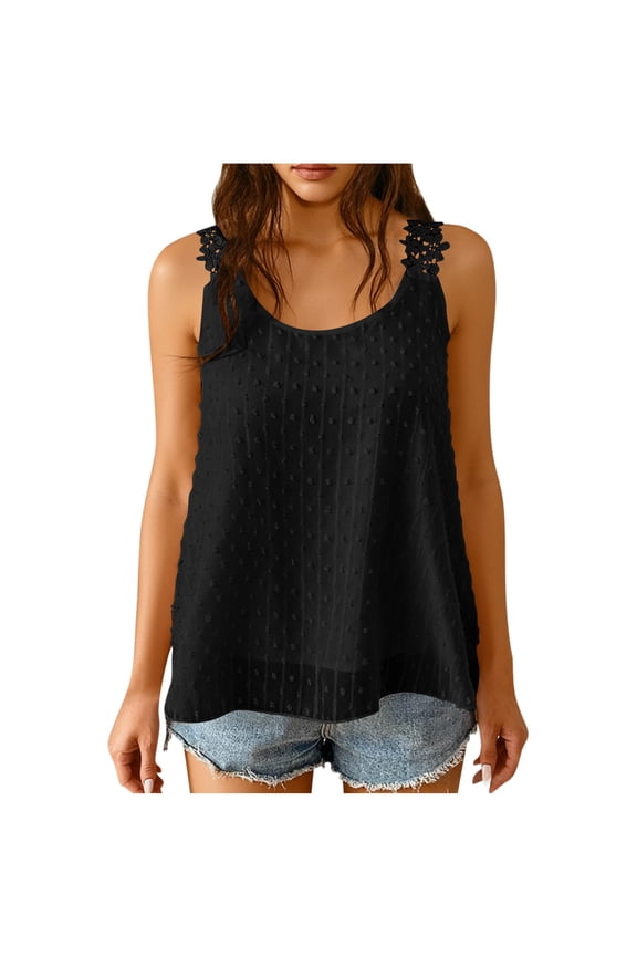 Womens Lace Tank Top Summer Boho Flowy Chiffon Sleeveless Blouses Casual Going Out Travel Outfits Streetwear( Black, 2XL )