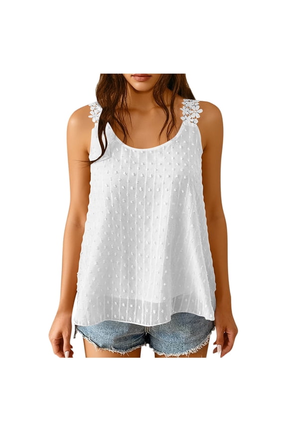 Womens Lace Tank Top Summer Boho Flowy Chiffon Sleeveless Blouses Casual Going Out Travel Outfits Streetwear( White, 2XL )