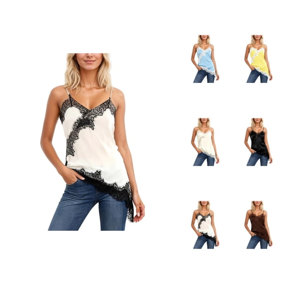 Womens Lace Tank Tops 2026 Casual Asymmetrical Hem Lace Patchwork Spaghetti Strap Camisole Tank Top