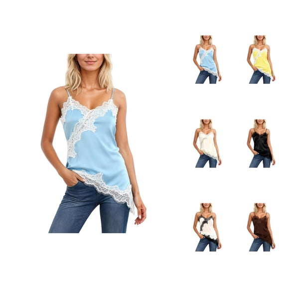 Womens Lace Tank Tops 2026 Casual Asymmetrical Hem Lace Patchwork Spaghetti Strap Camisole Tank Top