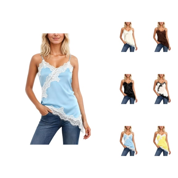 Womens Lace Tank Tops 2026 Casual Spaghetti Strap Lace Patchwork Asymmetrical Hem Camisole Tank Top