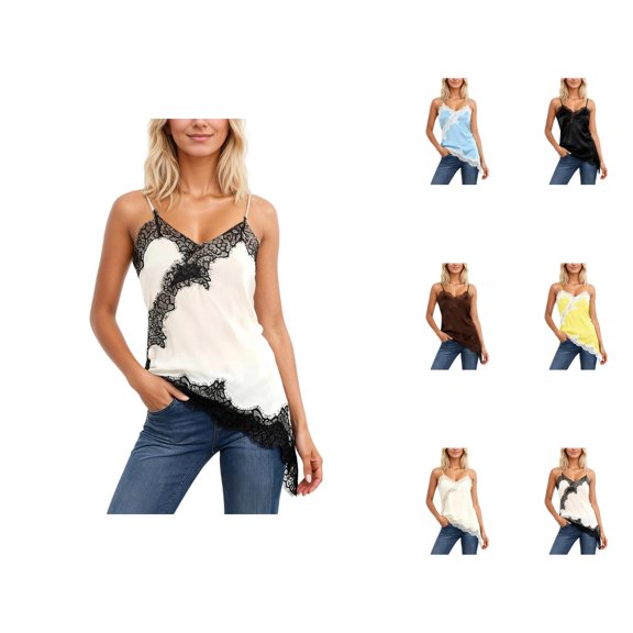 Womens Lace Tank Tops 2026 Trendy Lace Patchwork Asymmetrical Hem Spaghetti Strap Camisole Tank Top