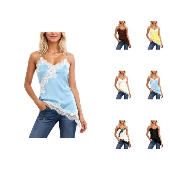 Womens Lace Tank Tops 2026 Trendy Spaghetti Strap Asymmetrical Hem Lace Patchwork Camisole Tank Top
