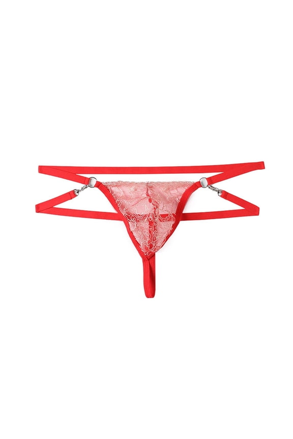 Womens Lace Thong, Low Rise Double Strap Panties with Metal Ring, See Through Backless G-String No VPL Underwear, Red One Size,Size Free Size
